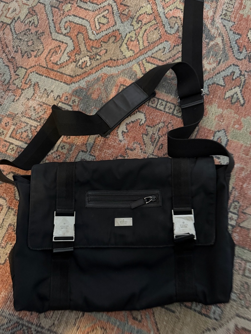 Vintage Gucci Nylon Messenger Bag with Silver Hardware